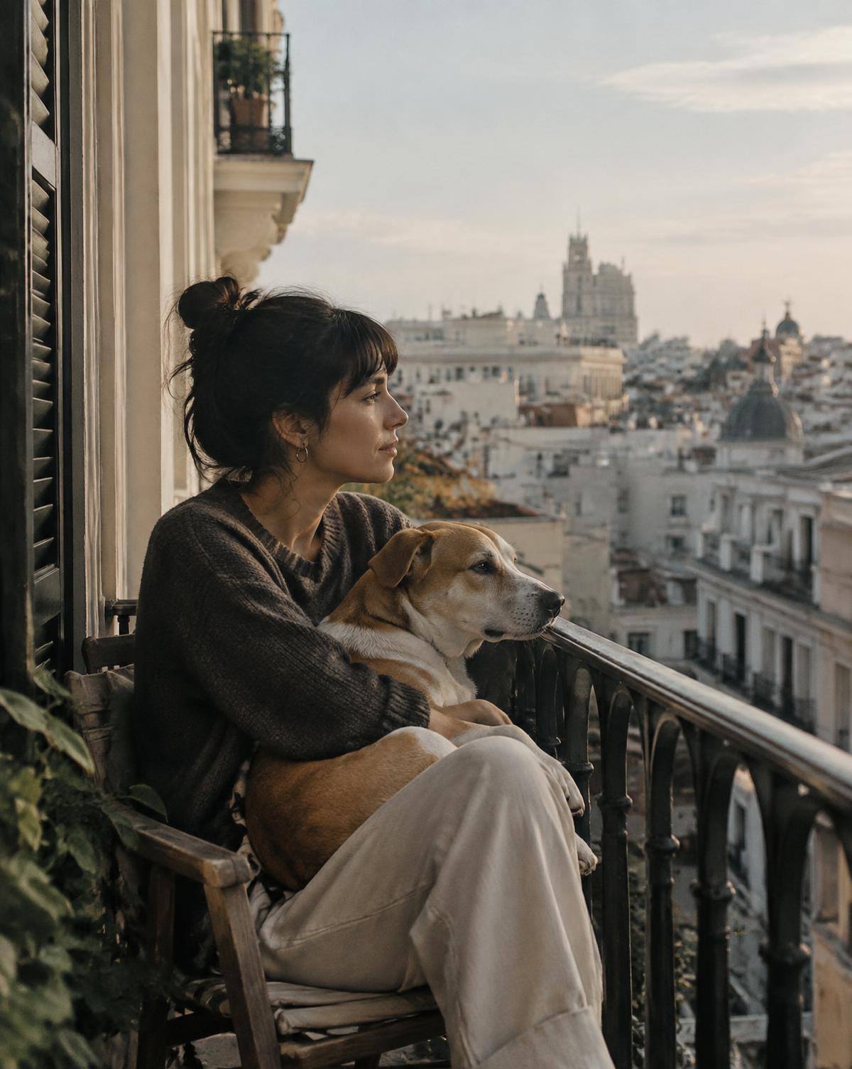 A woman and her dog on a Madrid balcony in the early morning