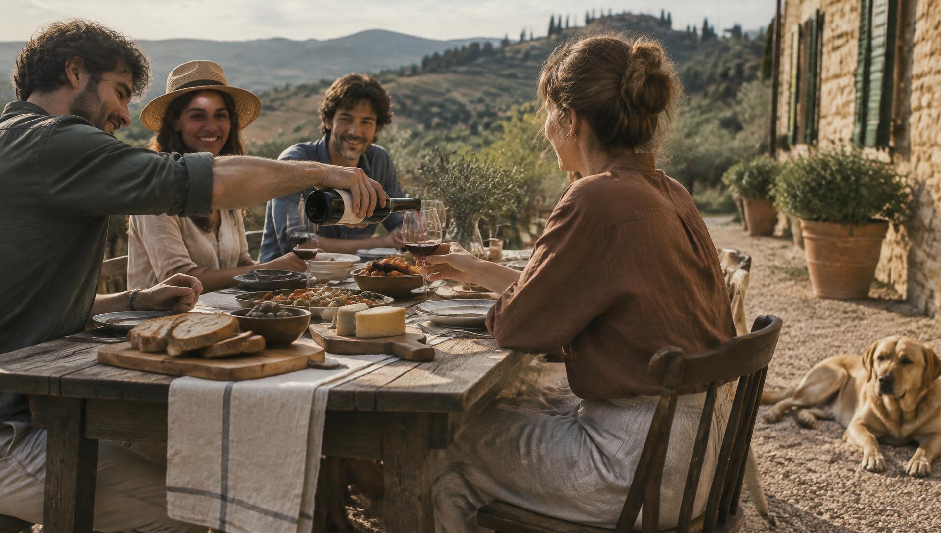 A long country lunch table in the Spanish countryside with a dog resting nearby